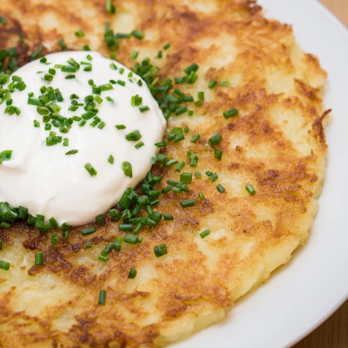 Two crispy Irish Boxty with Sour Cream topped with chives served alongside smoked salmon for brunch.