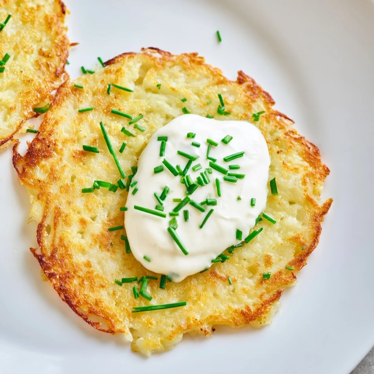 Freshly fried Irish Boxty with Sour Cream and chives on a white plate, steam rising from golden edges.