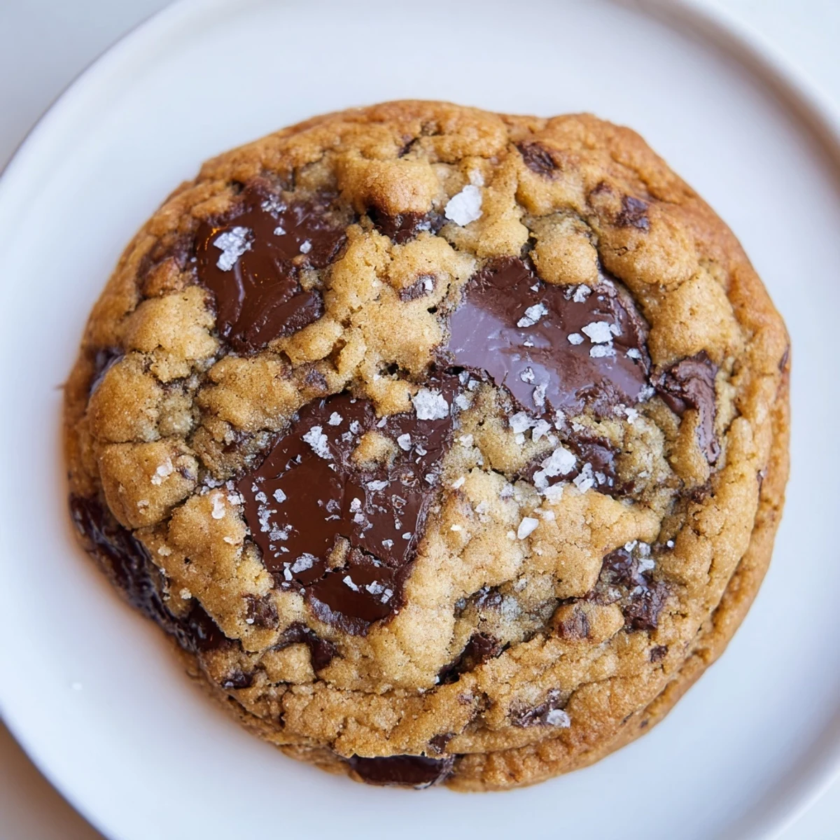 Freshly baked chocolate chip cookies with sea salt on a cooling rack, edges golden and centers chewy. 