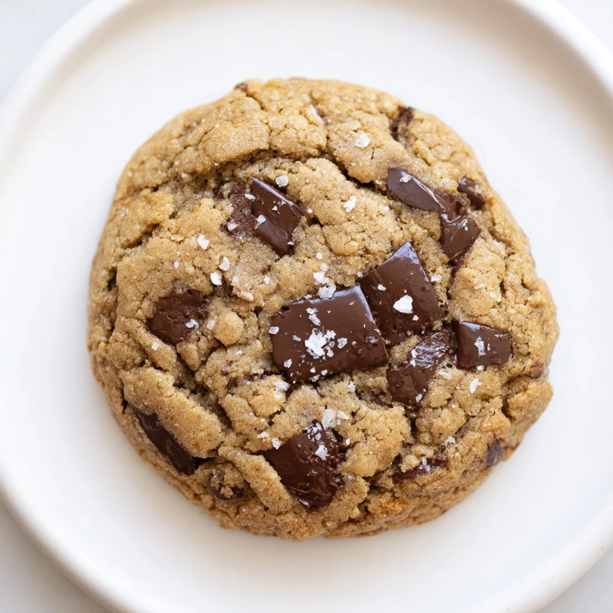 Plate of golden chocolate chip cookies with sea salt, melty chocolate chips visible up close.