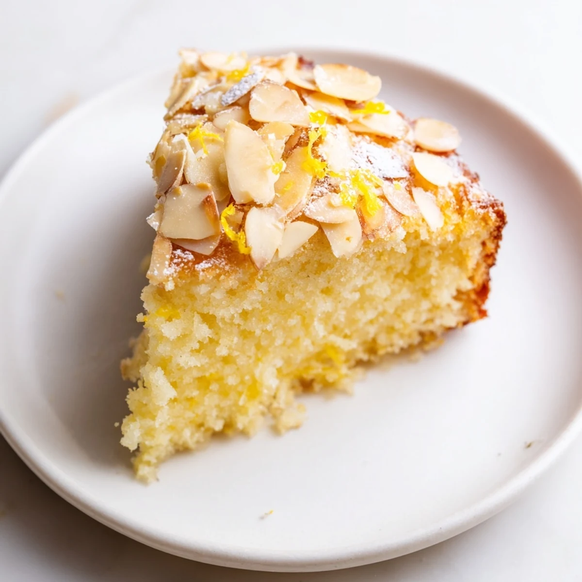 Golden-brown Lemon Ricotta Cake with Almonds on a white plate, topped with toasted almond slices and a dusting of powdered sugar.