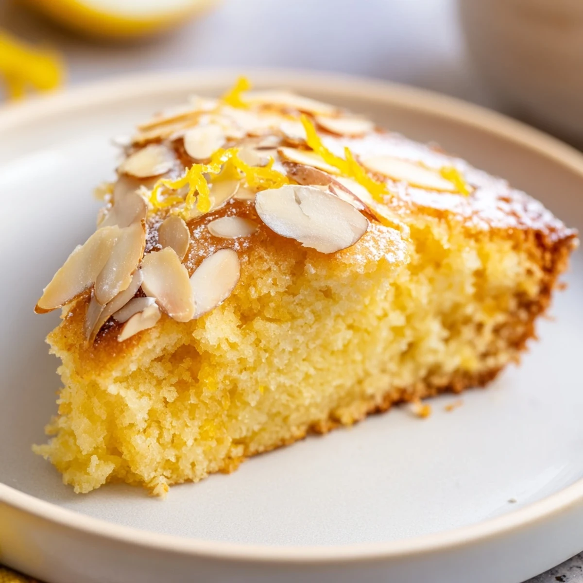 Close-up of Lemon Ricotta Cake with Almonds, showcasing a fluffy texture, lemon zest specks, and crunchy toasted almonds on top.