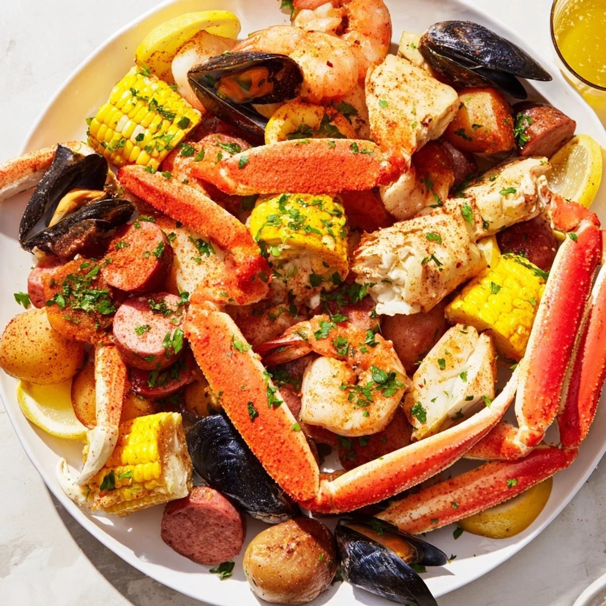 Cajun Seafood Boil with corn and crab legs served with melted butter, lemon wedges, and parsley.