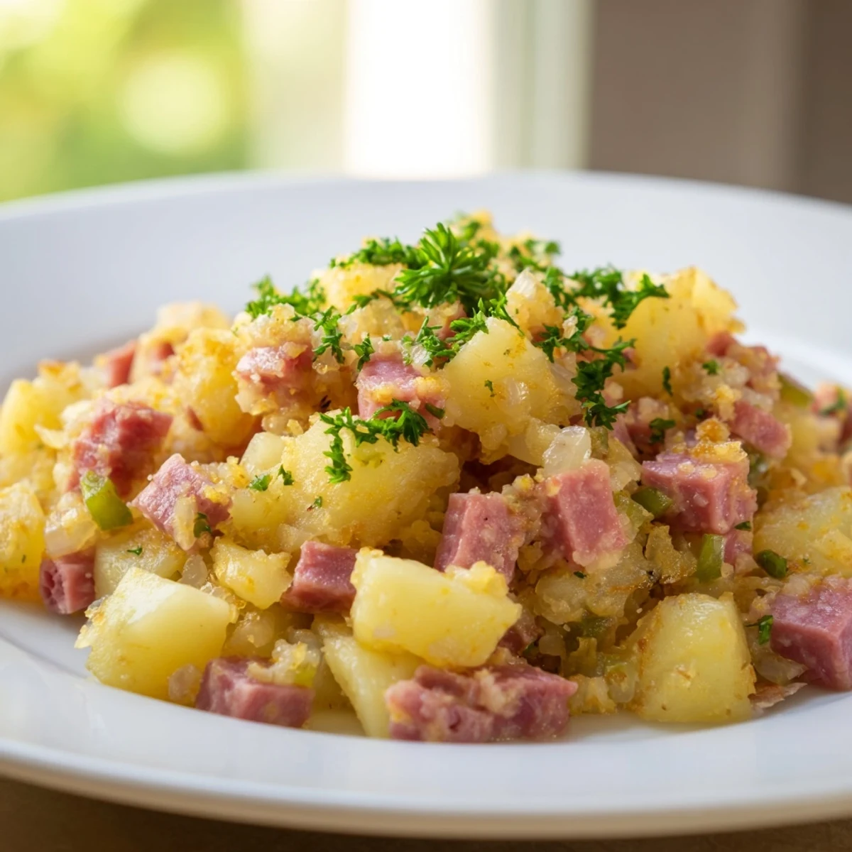 Corned Beef Hash with potatoes topped with sunny-side-up eggs and fresh parsley, perfect for a hearty brunch.  