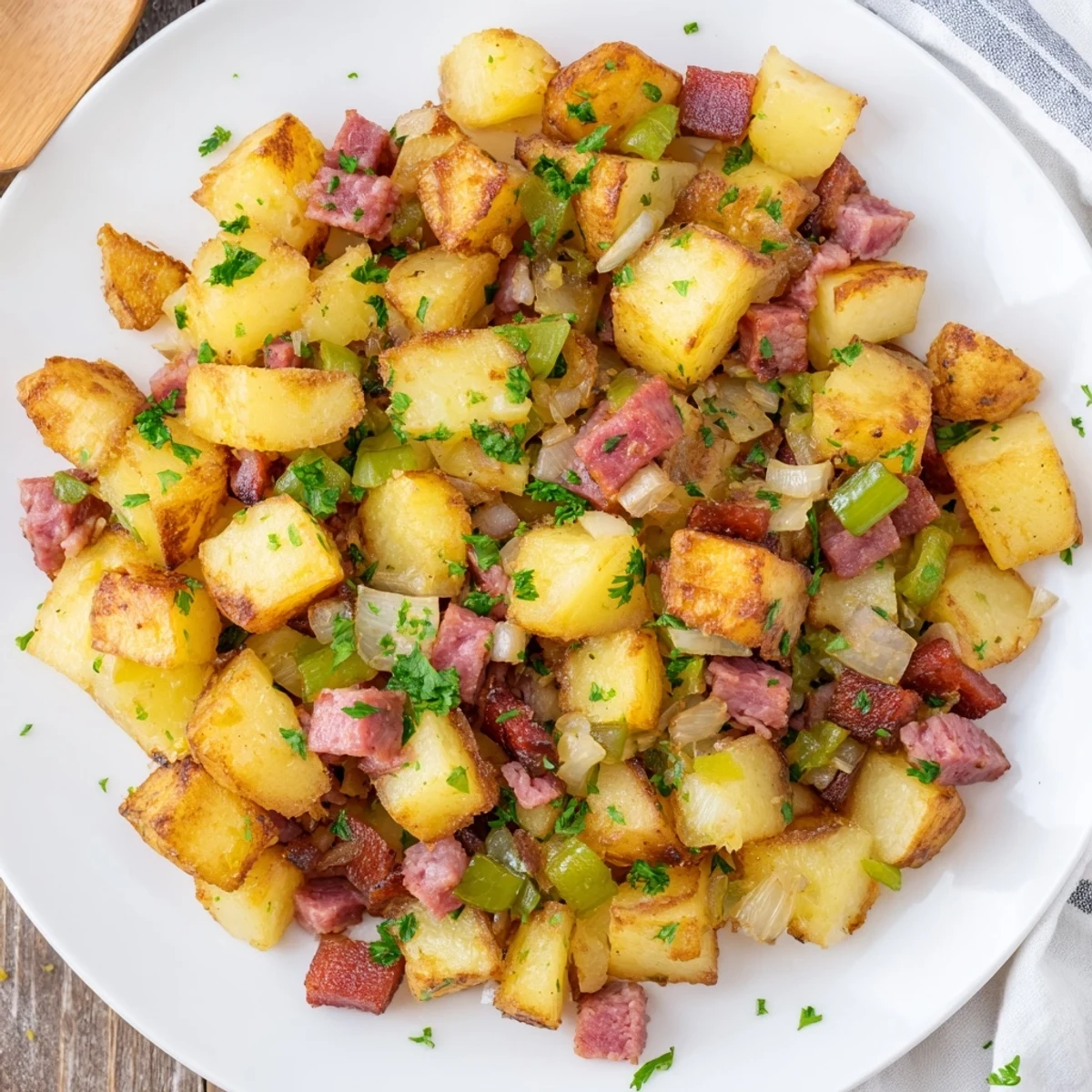A close-up of Corned Beef Hash with crispy potatoes, corned beef chunks, and aromatic vegetables in a cast-iron pan.