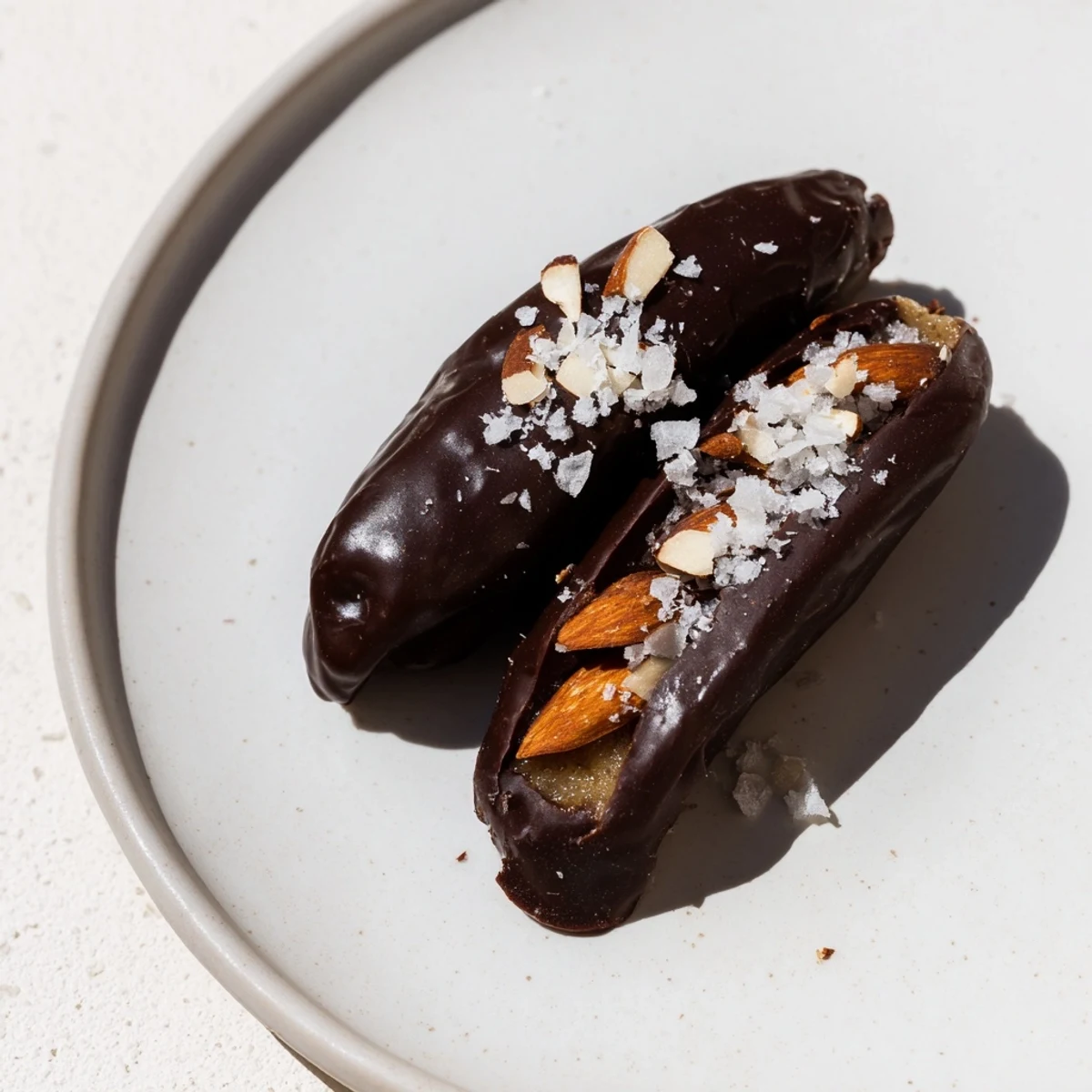 A close-up shows Chocolate Covered Dates Stuffed with Almond Butter on a cool marble platter, each piece glistening under soft kitchen light.