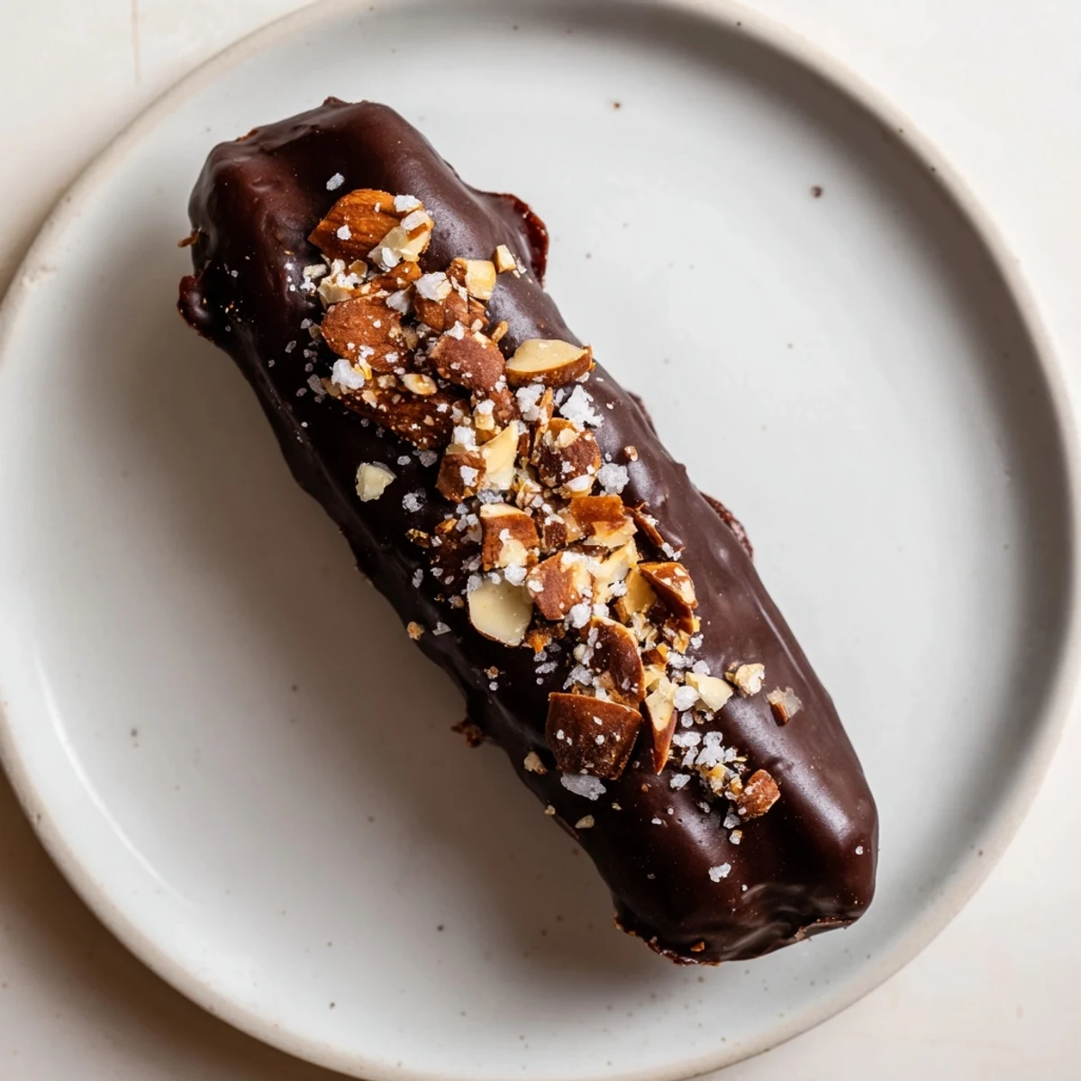 Freshly dipped Chocolate Covered Dates Stuffed with Almond Butter are garnished with flaky sea salt and chopped roasted almonds for extra crunch.