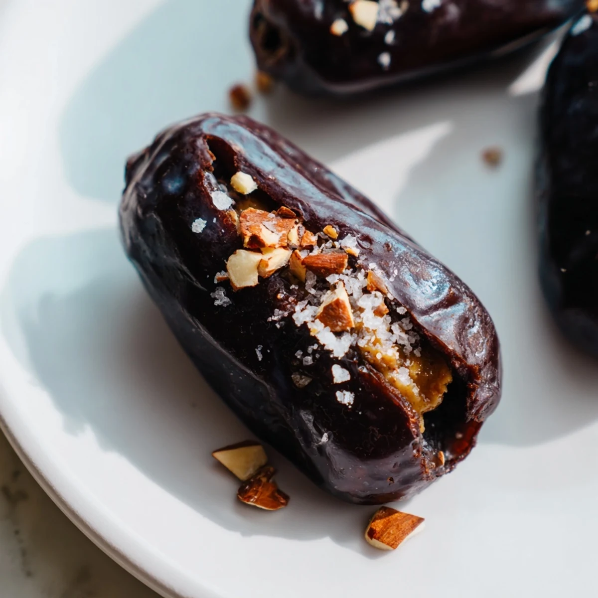 These Chocolate Covered Dates Stuffed with Almond Butter rest on parchment paper, ready to be enjoyed chilled with a hot cup of coffee.