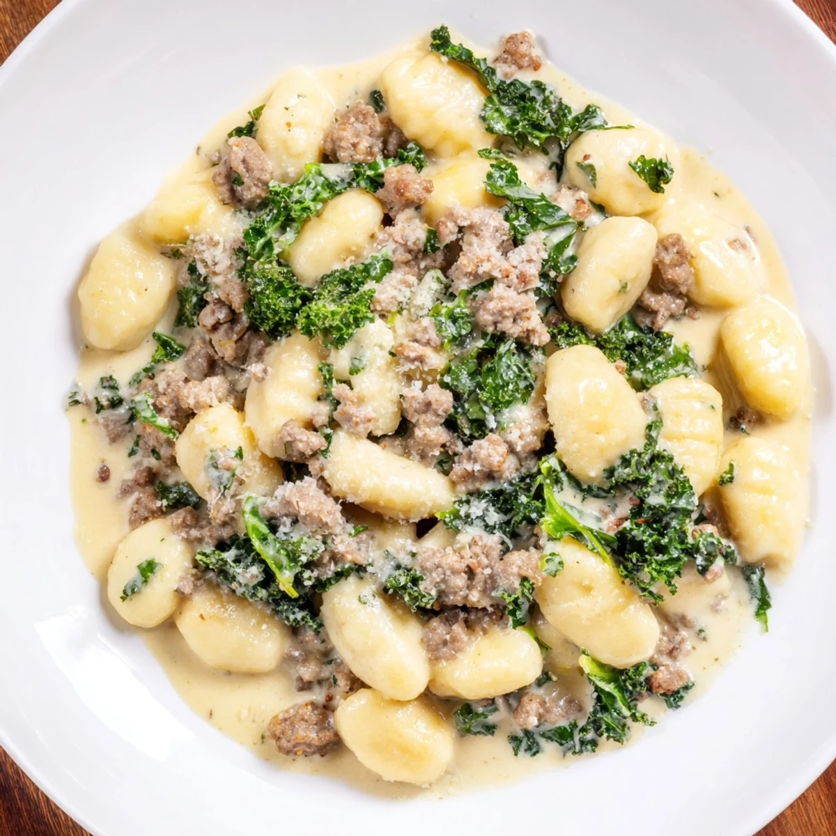 Creamy gnocchi with sausage and kale in a rich, garlicky sauce, served steaming in a rustic skillet.