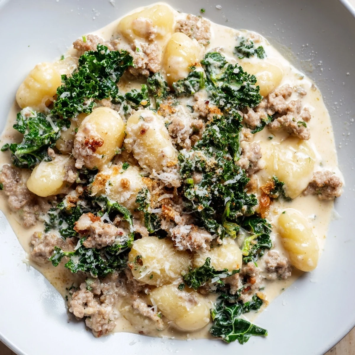 Savory Italian sausage and wilted kale mixed with tender gnocchi in a creamy Parmesan sauce.