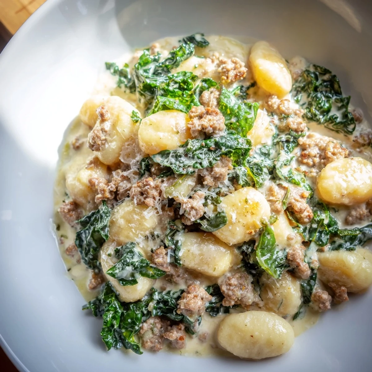 Warm one-pan creamy gnocchi with sausage and kale, perfect for a cozy dinner with crusty bread.