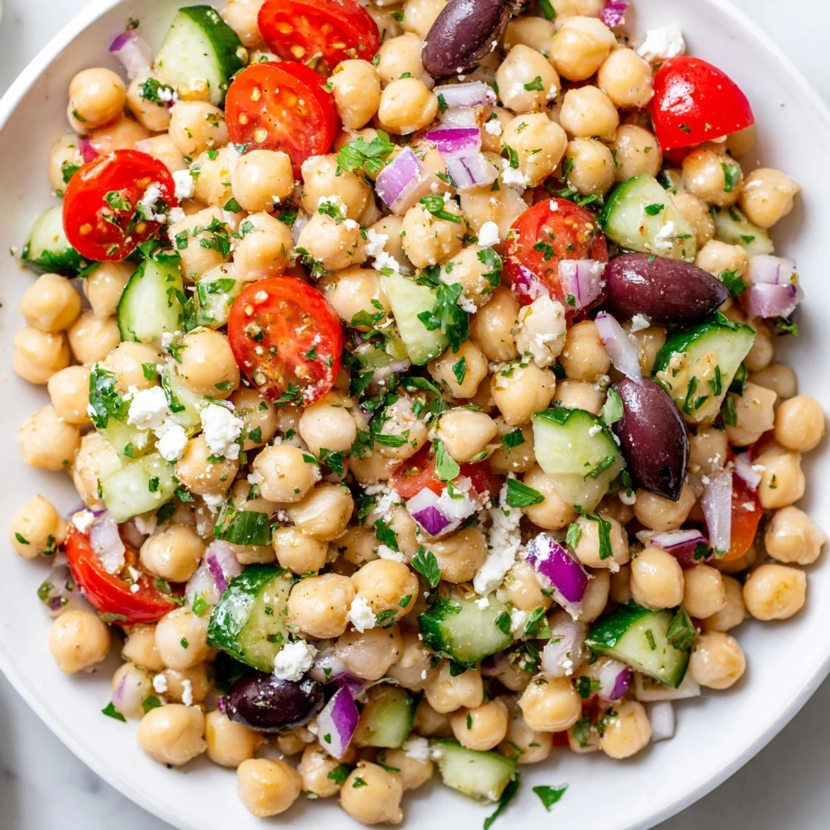 A close-up of Mediterranean Chickpea Salad with Feta showcasing cherry tomatoes, crisp cucumber, and crumbled cheese.  