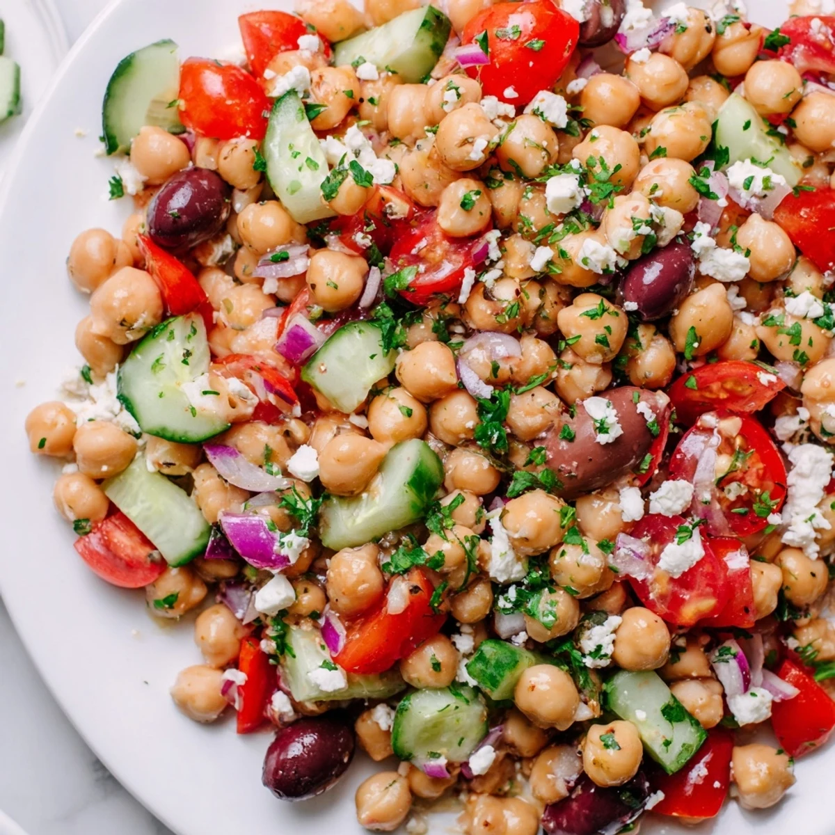 This vibrant Mediterranean Chickpea Salad with Feta in a white bowl features colorful veggies and glistening olive oil dressing.  