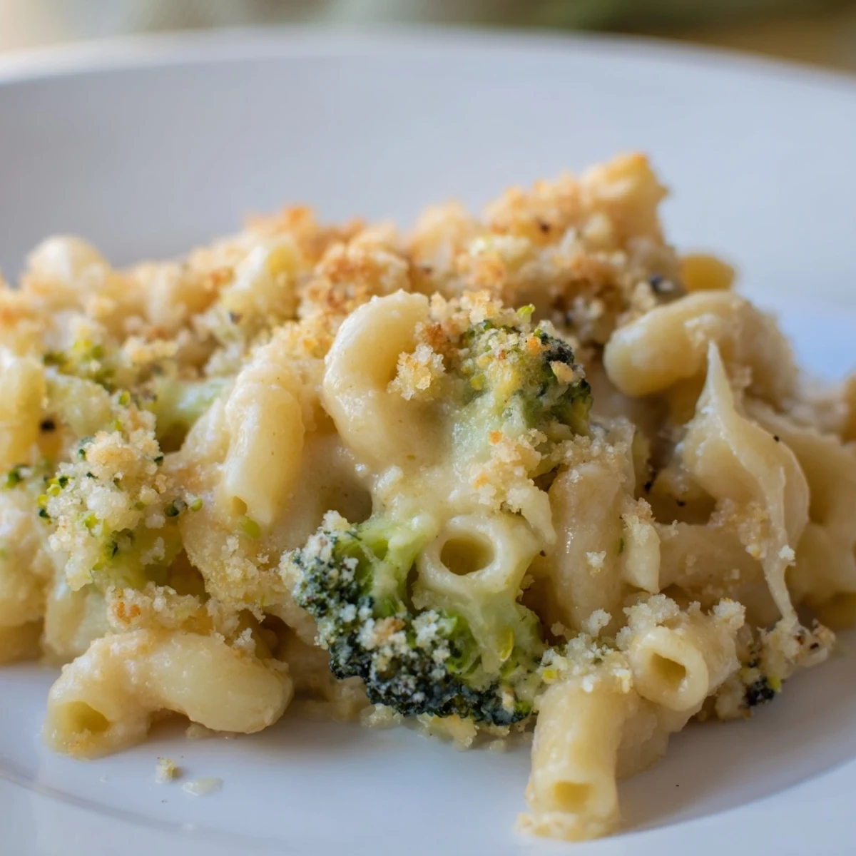 A close-up of baked macaroni and cheese with broccoli, its golden breadcrumb crust bubbling over creamy cheddar sauce.