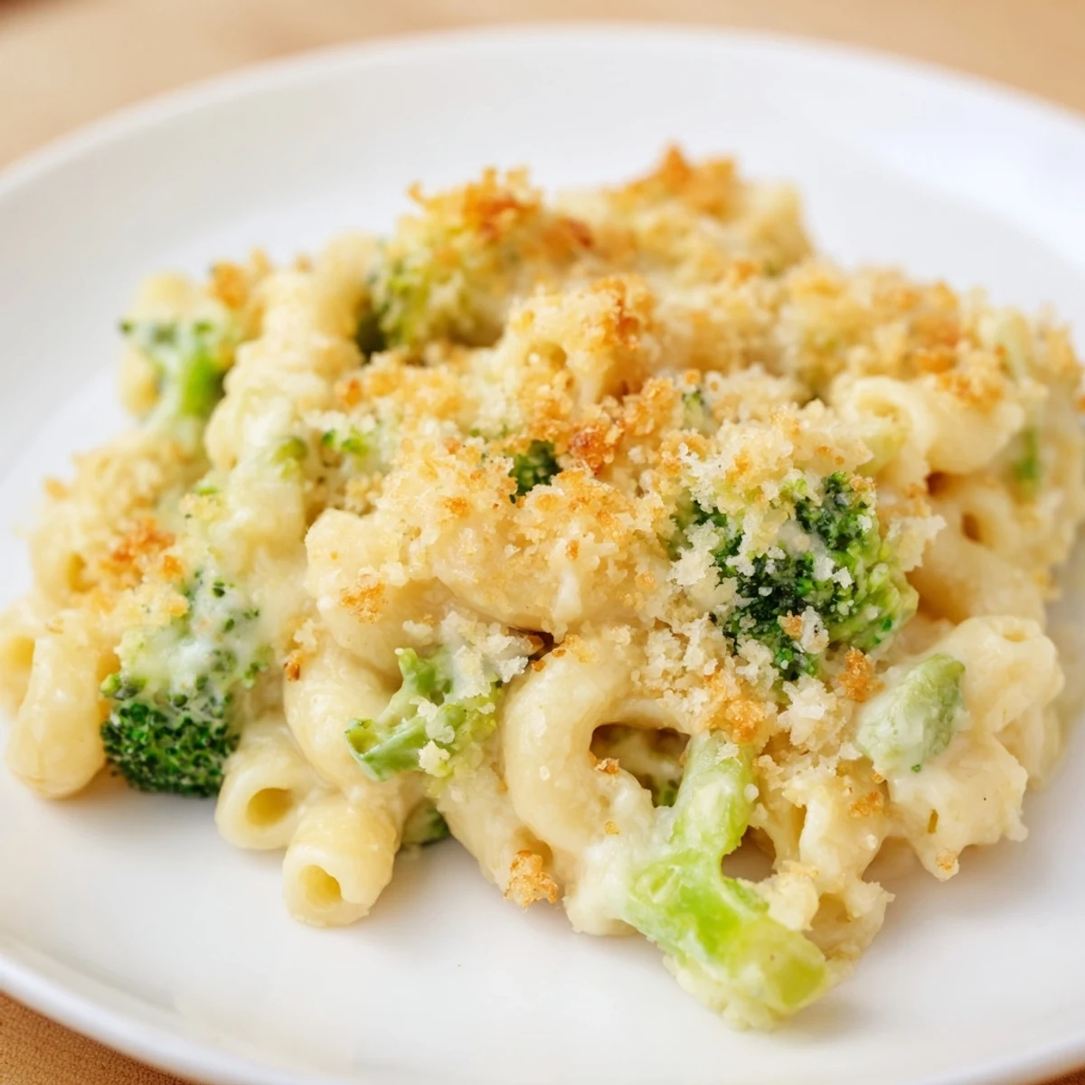 Baked Macaroni and Cheese with Broccoli sits in a casserole dish, topped with crisp crumbs and tender green florets.