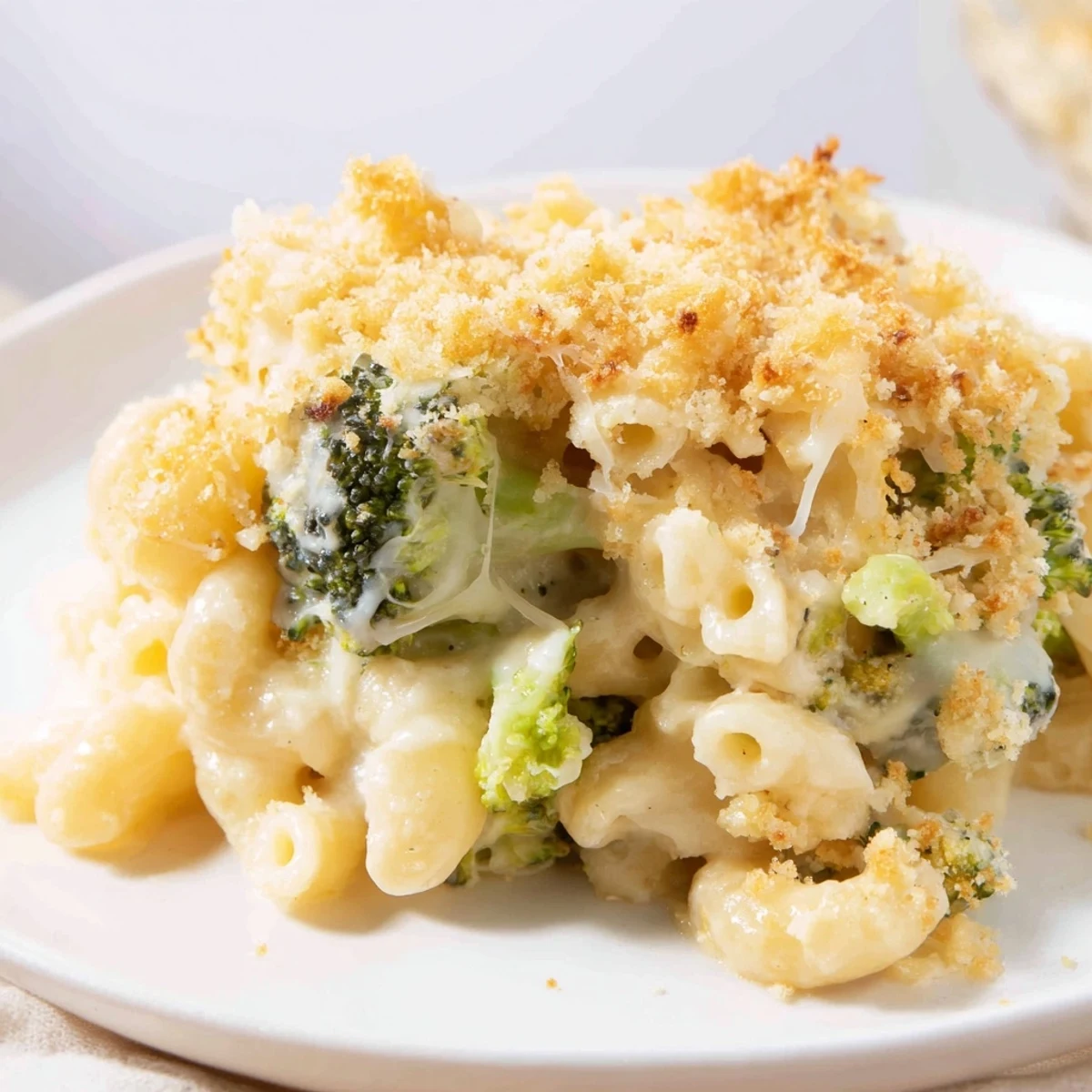 Family-style baked macaroni and cheese with broccoli, featuring a crunchy Parmesan topping and rich, velvety cheese sauce inside.