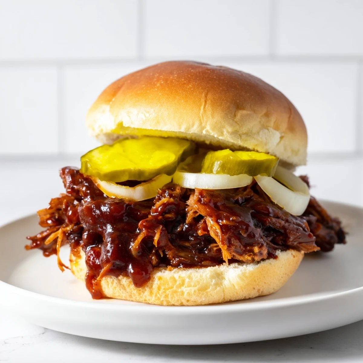 Slow Cooker Pulled Beef Sandwiches piled high on a soft bun with creamy coleslaw.