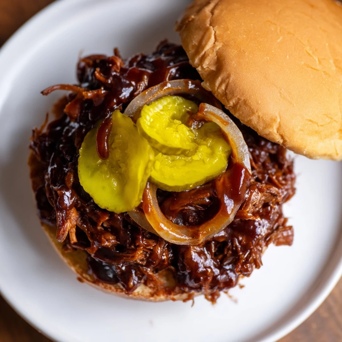 A hearty serving of Slow Cooker Pulled Beef Sandwiches garnished with fresh pickles.