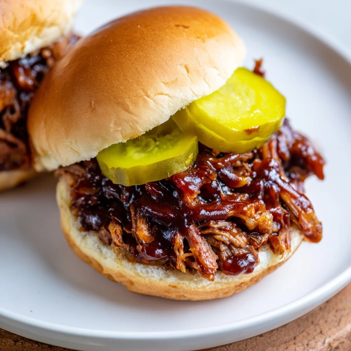 Tender shredded beef for Slow Cooker Pulled Beef Sandwiches on a toasted bun.