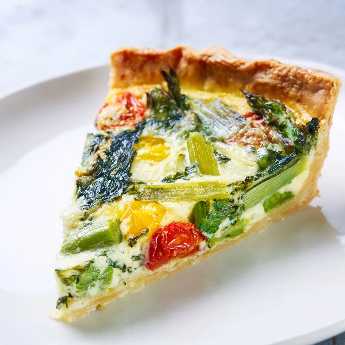 A freshly baked Spring Vegetable Quiche with Crust shows golden, flaky pastry edges around a colorful filling.