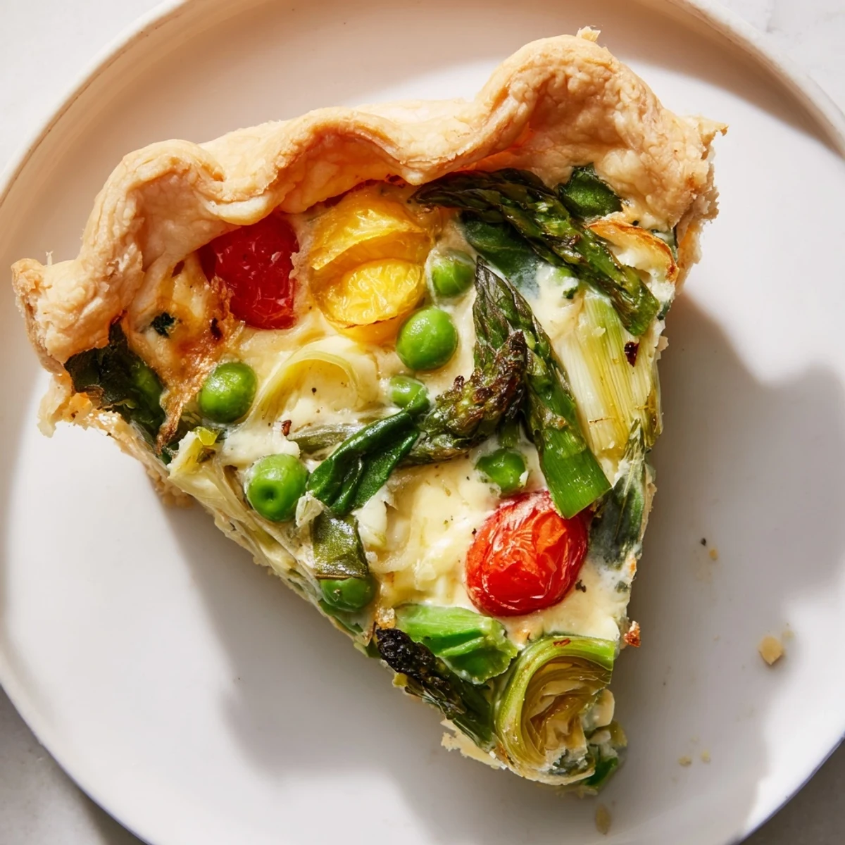 Close-up of Spring Vegetable Quiche with Crust reveals creamy custard, asparagus, snap peas, and melted Gruyère.