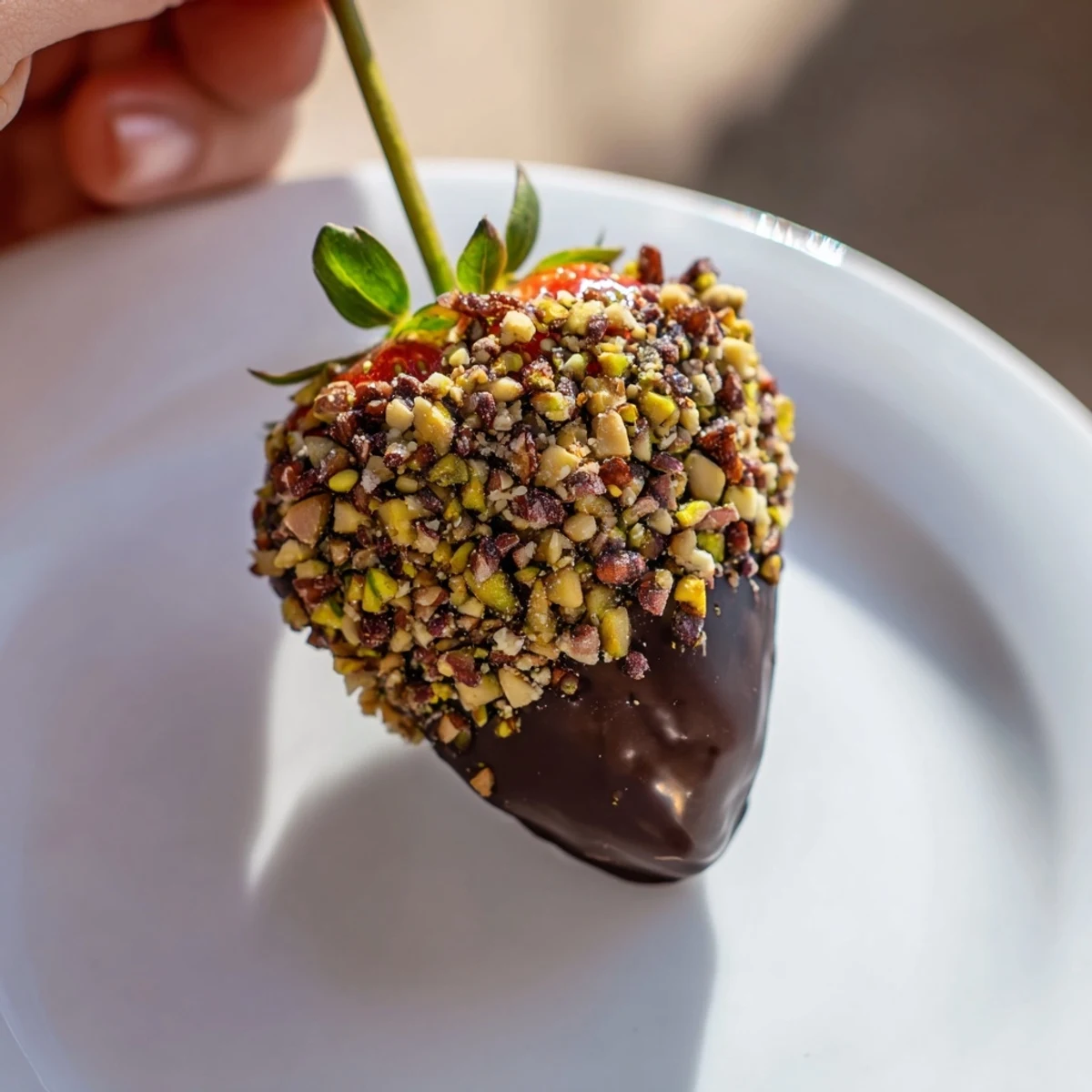 Fresh strawberries dipped in rich chocolate with chopped nuts for a crunchy finish on a dessert platter.