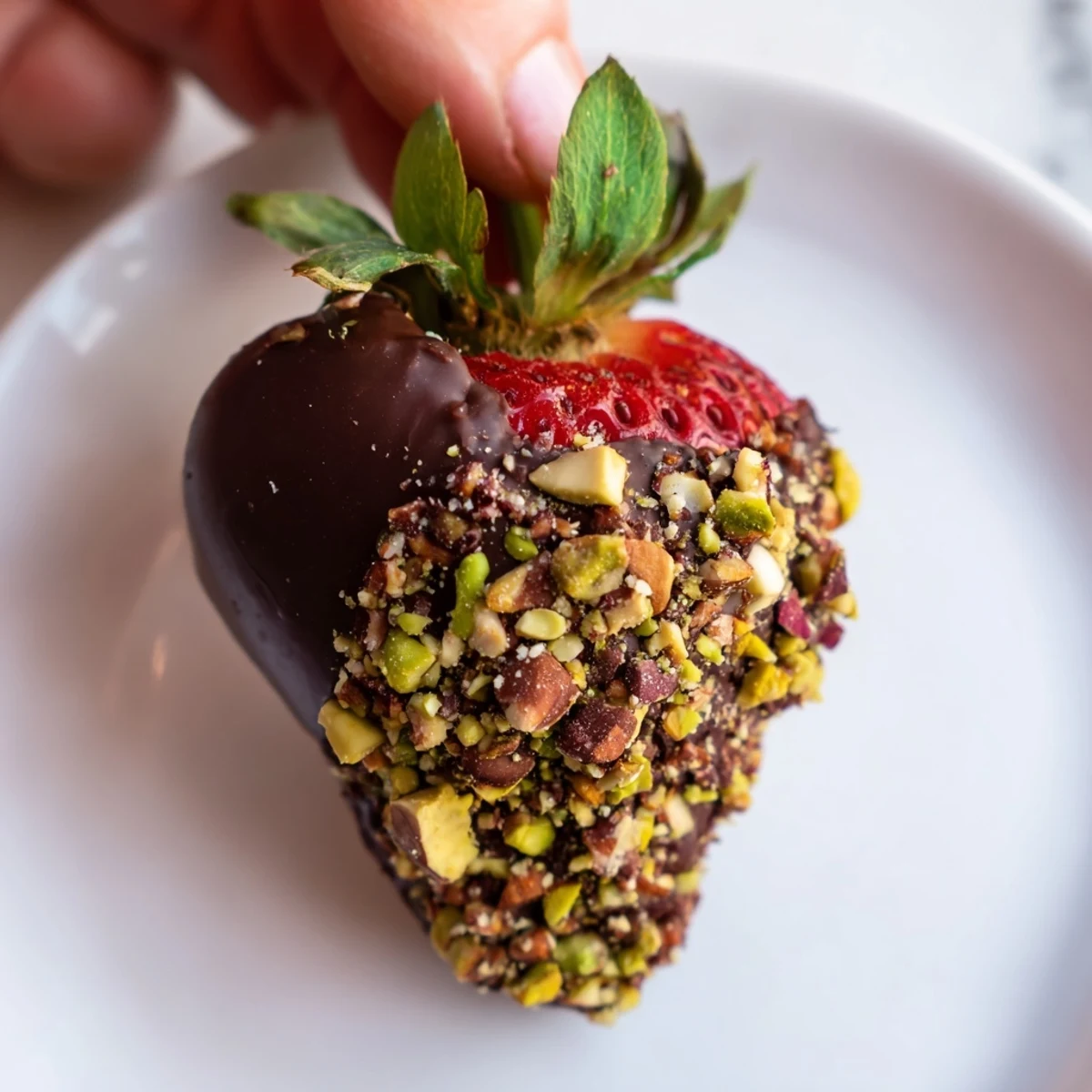 A close-up shows ripe berries coated in glossy dark chocolate and sprinkled with mixed nuts, gluten-free vegetarian dessert.