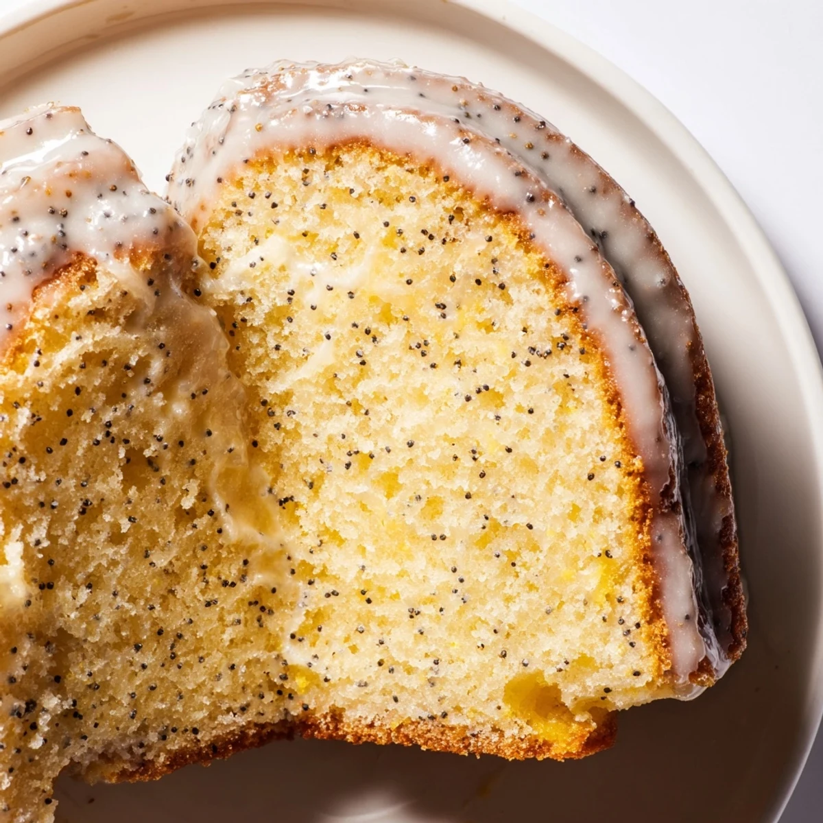 Sliced Lemon Poppy Seed Bundt Cake reveals a moist, tender crumb studded with crunchy poppy seeds on a serving plate.
