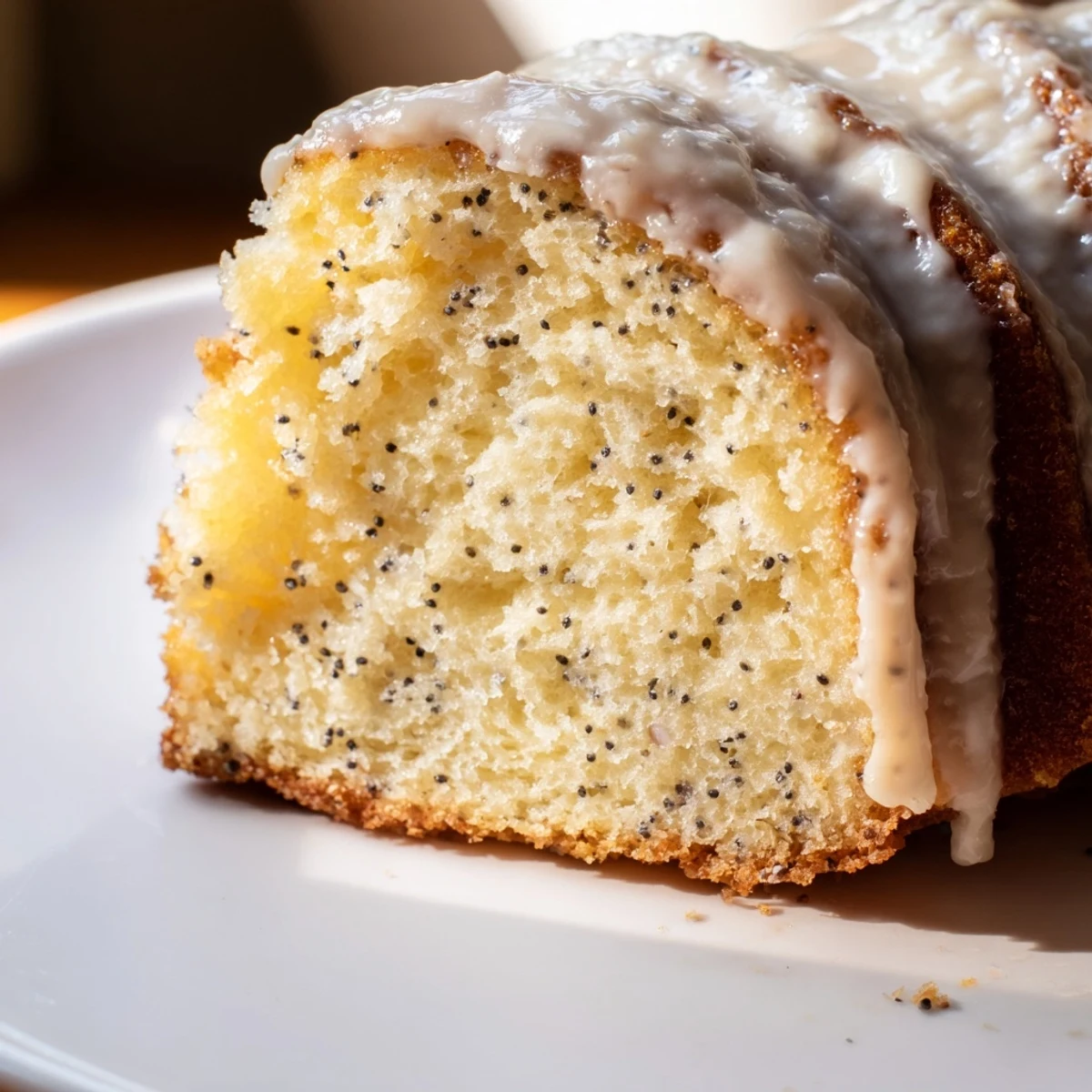 A close-up of a Lemon Poppy Seed Bundt Cake with a glossy lemon glaze dripping down its sides, perfect for brunch.