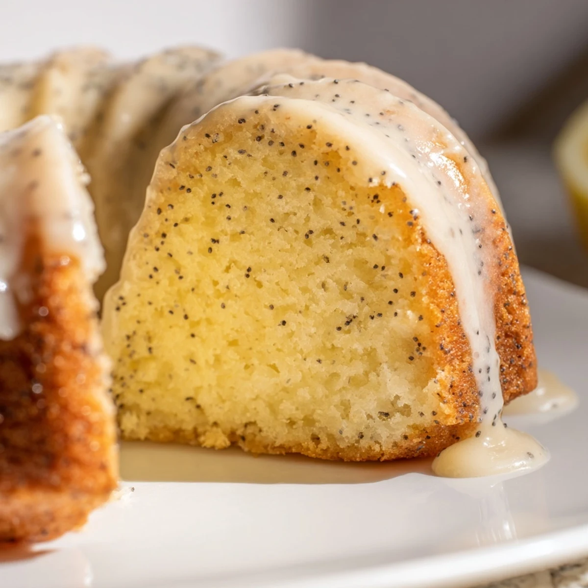 A freshly glazed Lemon Poppy Seed Bundt Cake sits on a cooling rack, ready to serve with afternoon tea.