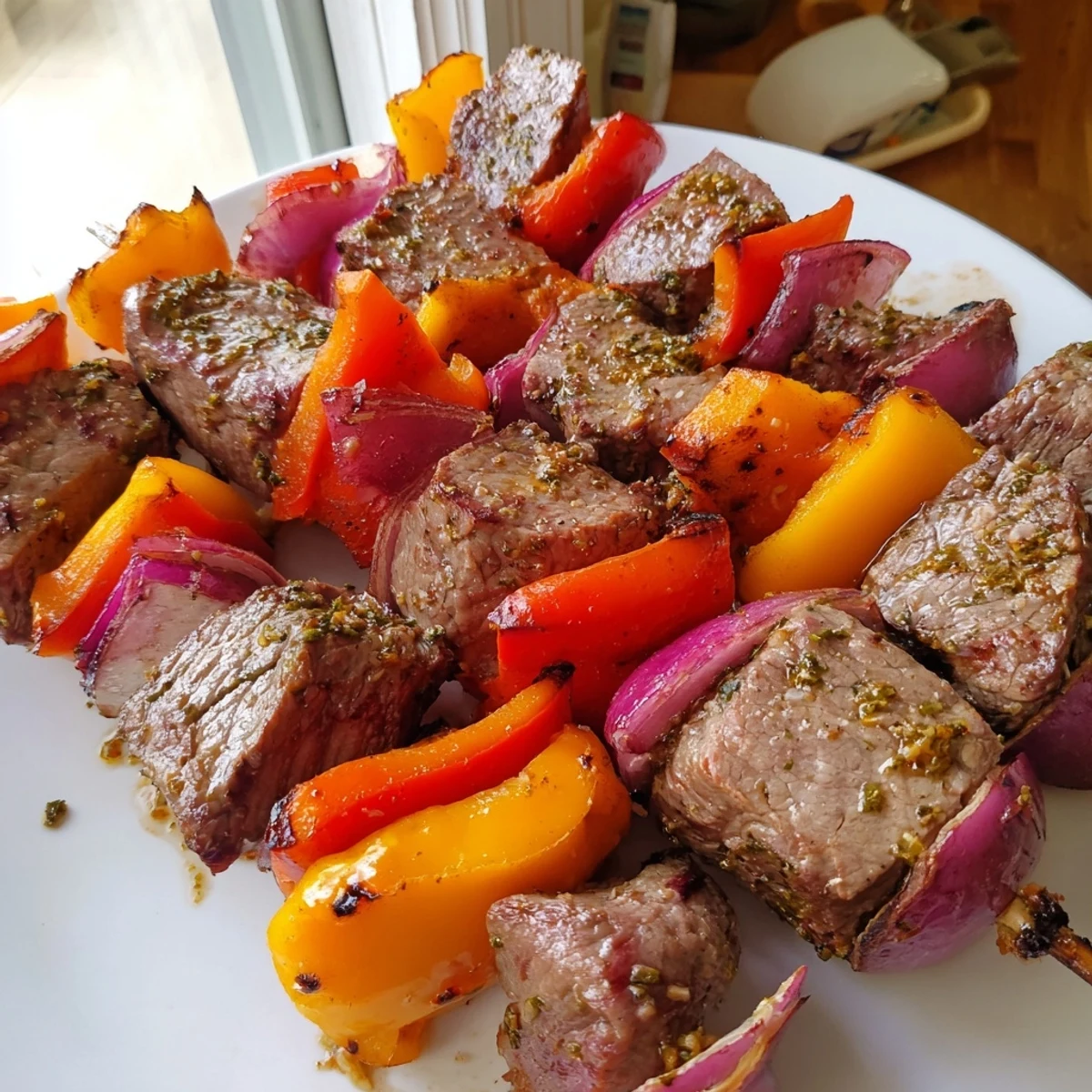 Tender Beef Kebabs with Bell Peppers and Onions skewers served hot, paired with rice and a fresh salad.