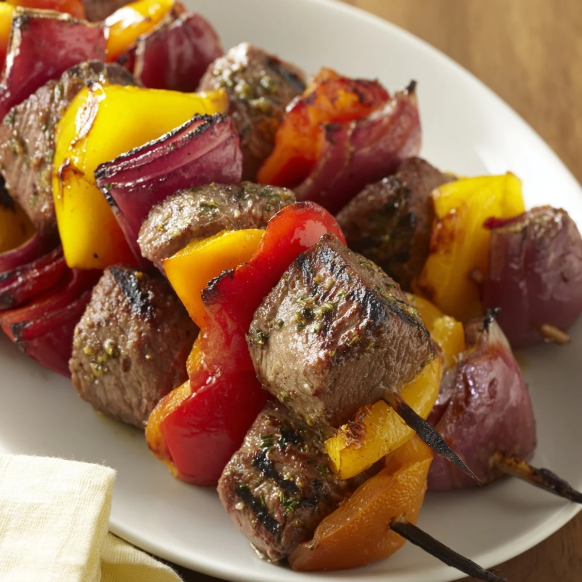 Grilled Beef Kebabs with Bell Peppers and Onions arranged on a platter, featuring caramelized onions and sweet peppers.
