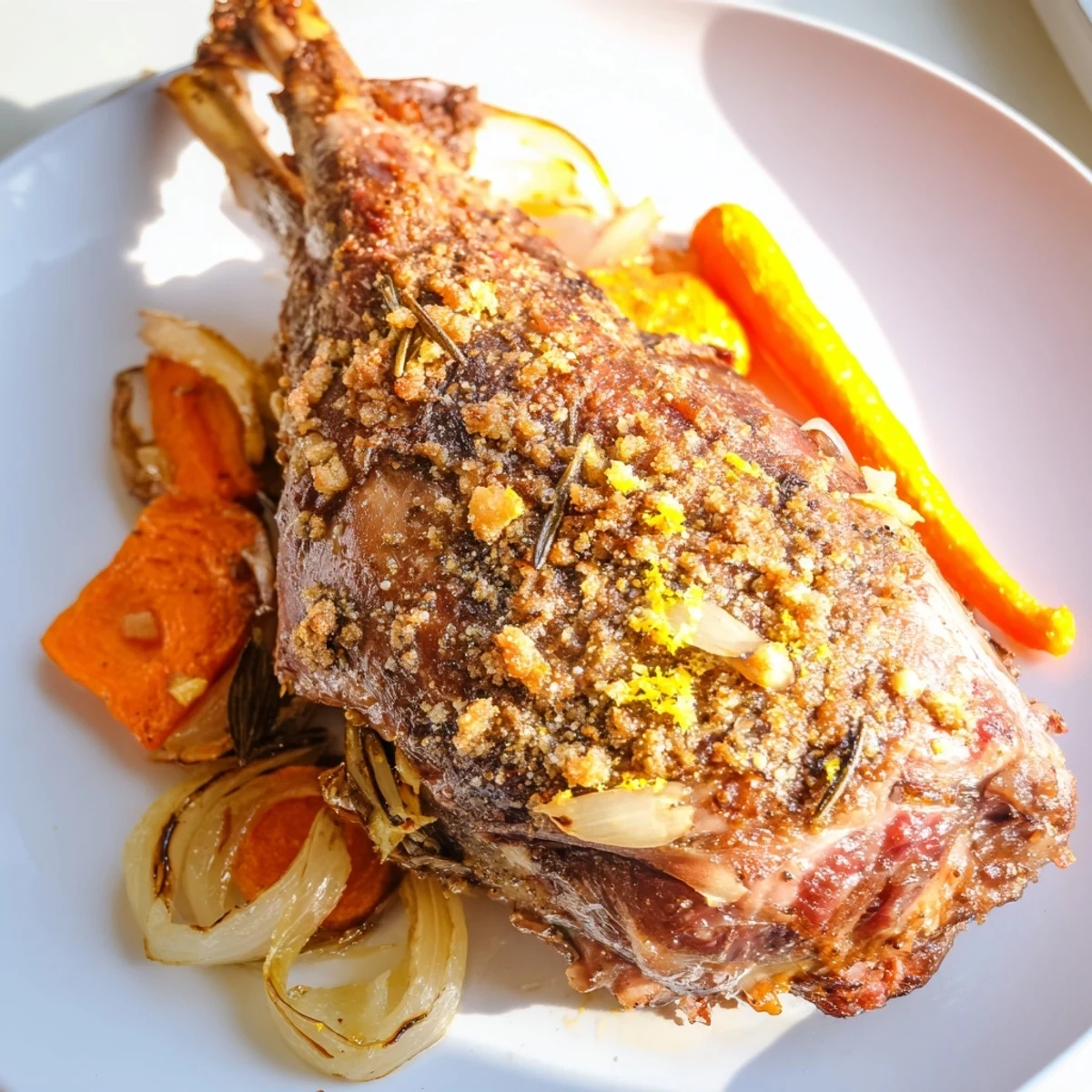 A close-up of golden Roasted Lamb Leg with Rosemary and Garlic, glistening with herb-infused juices on a platter.