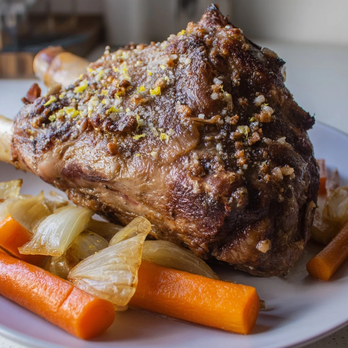 Sliced Roasted Lamb Leg with Rosemary and Garlic shows tender pink meat beside caramelized onions and carrots.