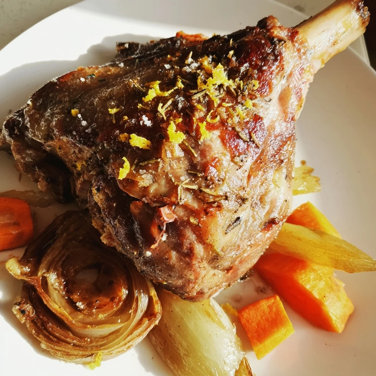 Herb-crusted Roasted Lamb Leg with Rosemary and Garlic ready to serve on a rustic board with fresh rosemary sprigs.