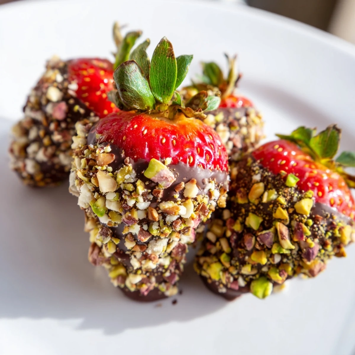 Juicy strawberries dipped in rich chocolate and rolled in crunchy chopped nuts for a sweet elegant treat.
