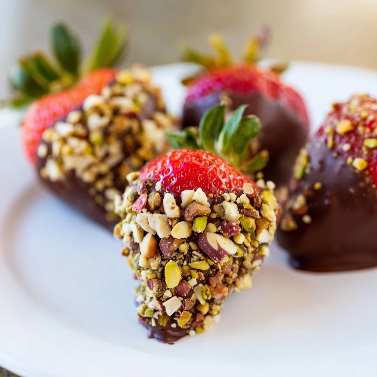 A close view of chocolate-dipped strawberries with chopped nuts arranged on a parchment-lined tray ready to serve.