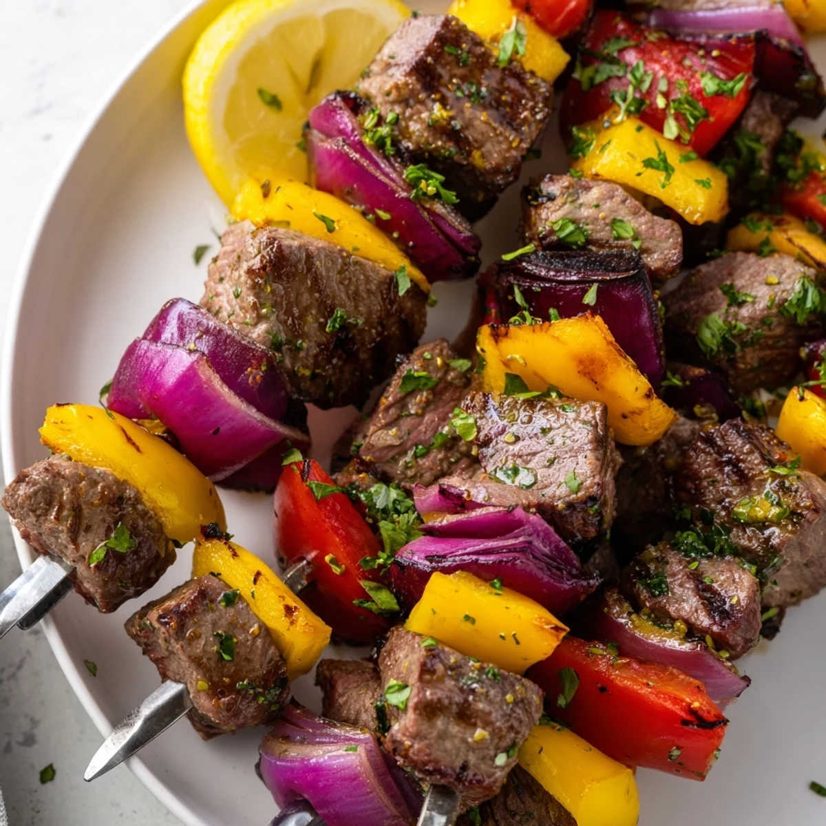 Tender marinated beef cubes, sweet bell peppers, and red onion sizzling on a skewer ready to serve.