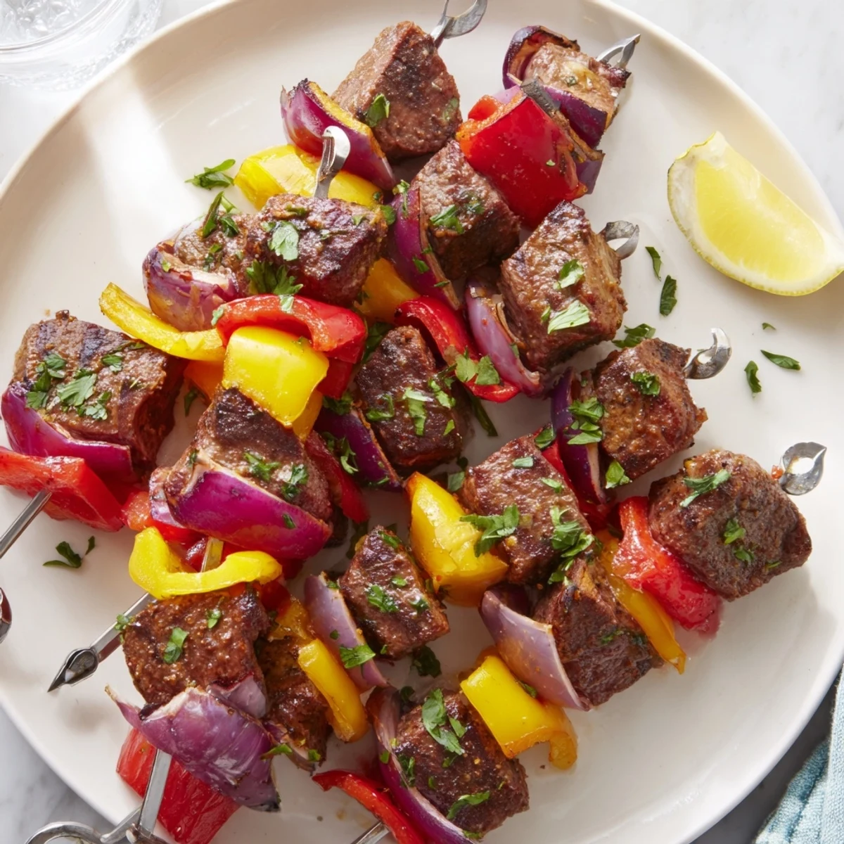 Grilled Beef Kebabs with Bell Peppers and Red Onion skewers with char marks and fresh lemon wedges.