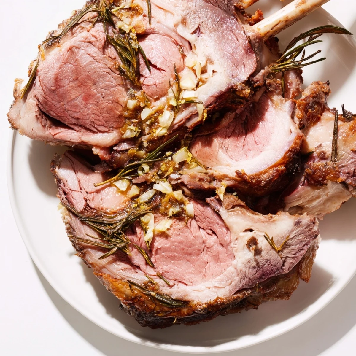 A beautifully roasted lamb leg with rosemary and garlic rests on a platter, juices glistening.