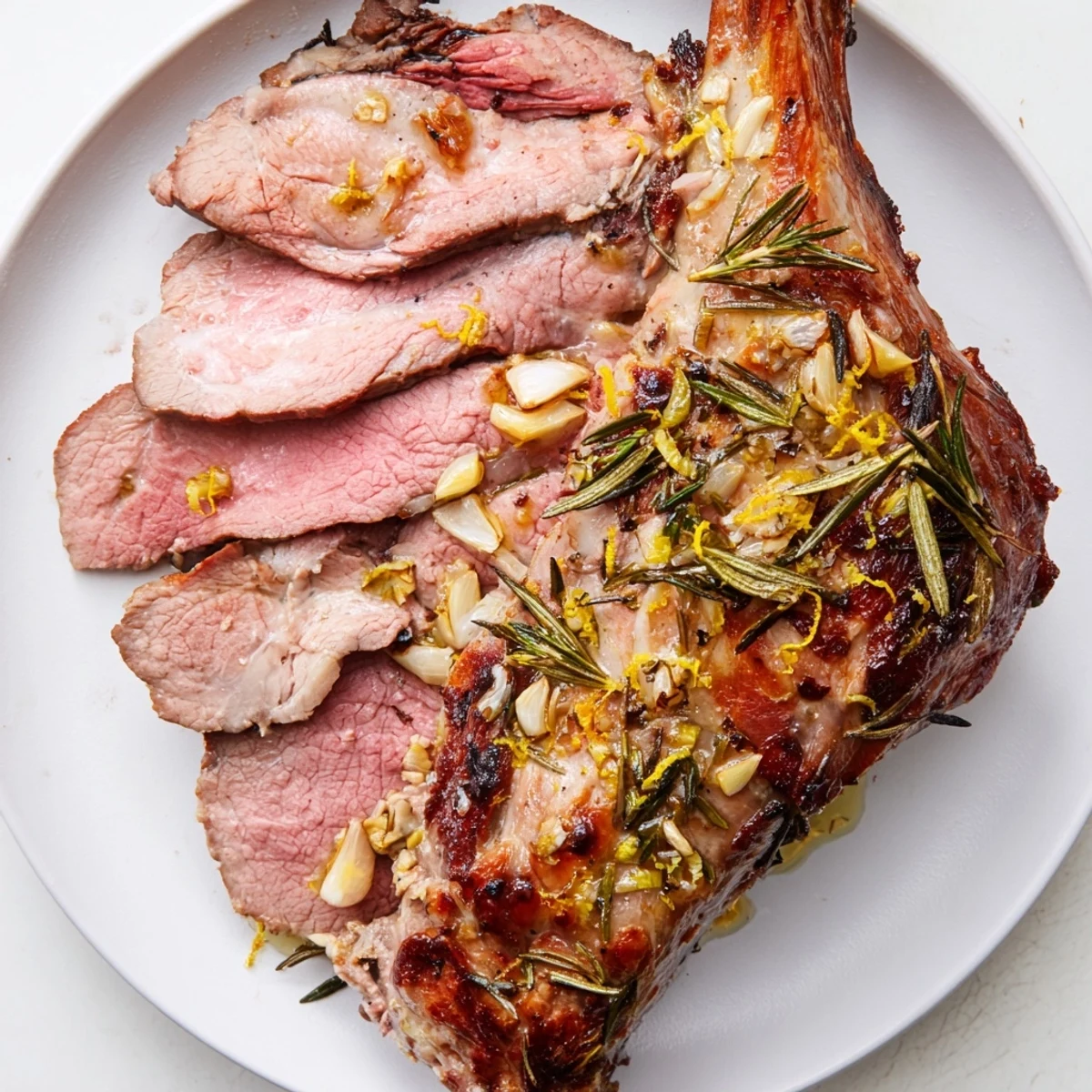 Rosemary garlic lamb leg is sliced to show a tender, juicy interior, served with roasted vegetables.