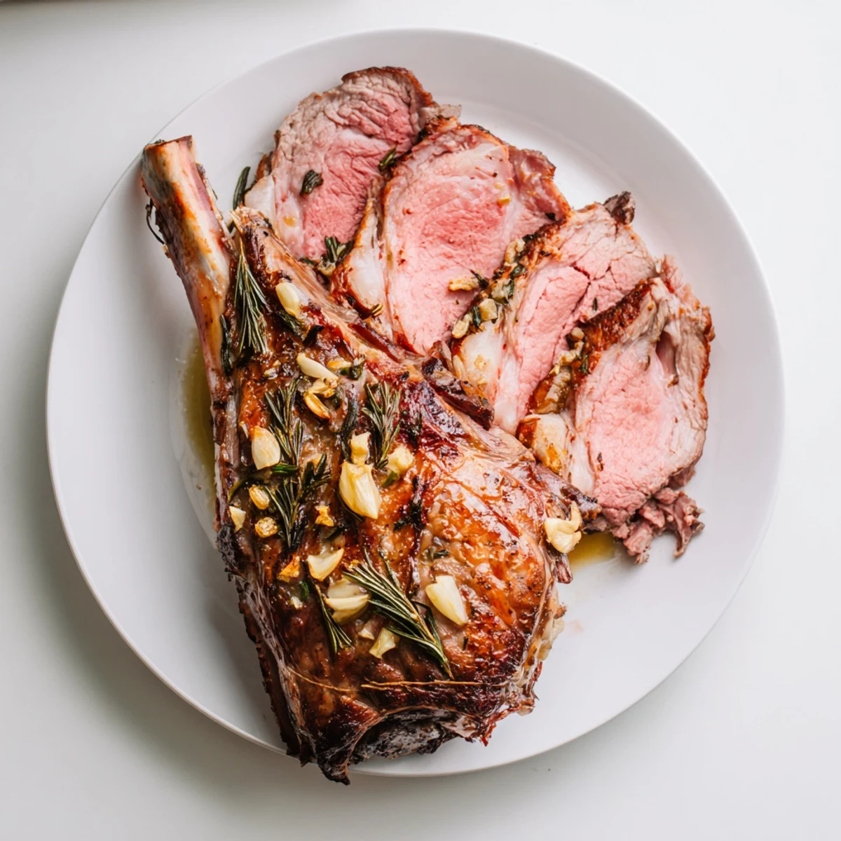 Carved slices of roasted lamb leg with rosemary and garlic are arranged on a plate ready to serve.