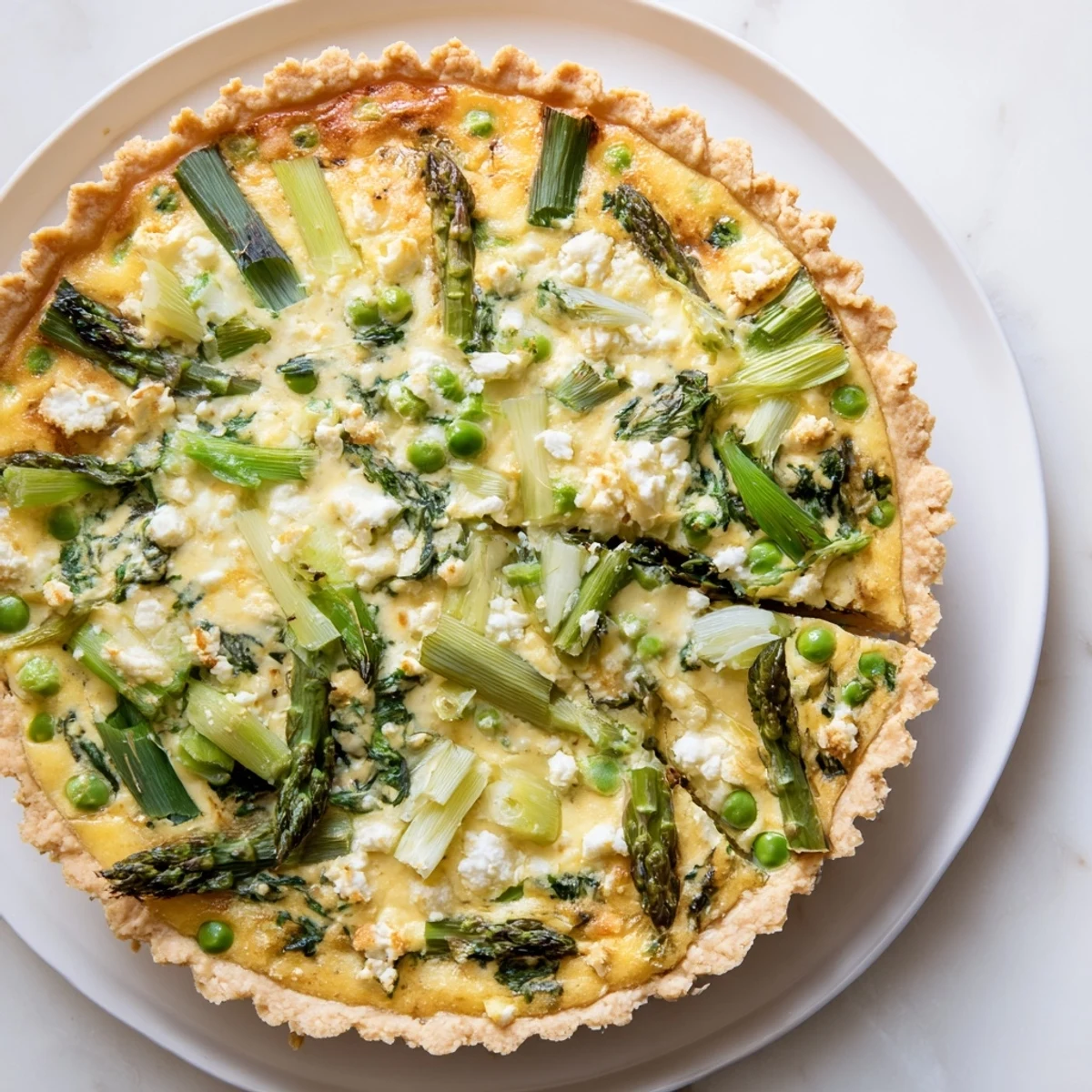Spring Vegetable Quiche with a golden crust, filled with asparagus, snap peas, and spinach on a brunch table.
