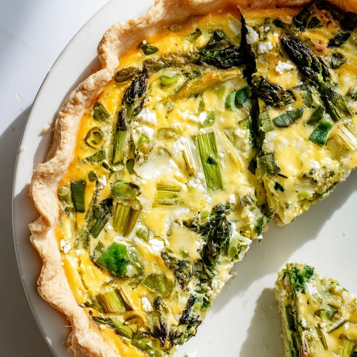 Savory Spring Vegetable Quiche cooled slightly, ready to slice and pair with a crisp green salad.