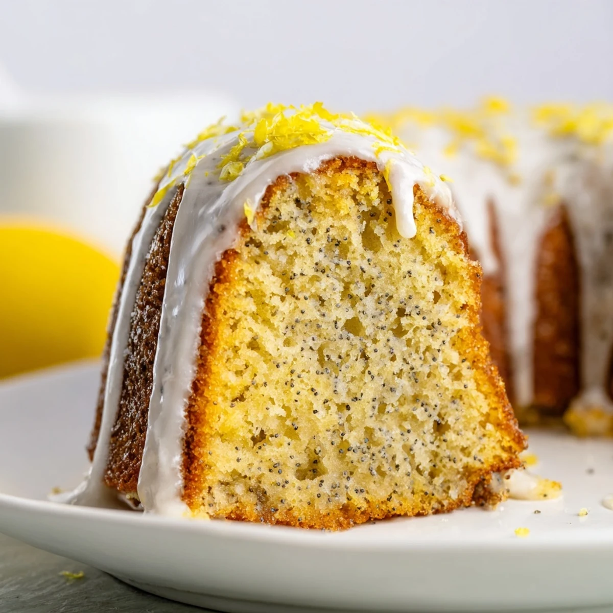 Golden Lemon Poppy Seed Bundt Cake with drizzled icing on a white plate, next to fresh lemon slices and a cup of coffee for a cozy brunch setting.