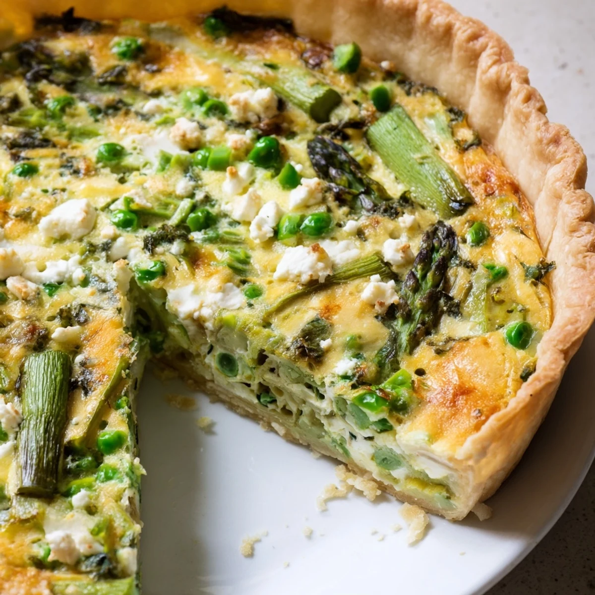A close-up of a freshly baked Spring Vegetable Quiche with Flaky Crust on a rustic wooden table, cut to reveal asparagus, spinach, peas, and creamy custard.