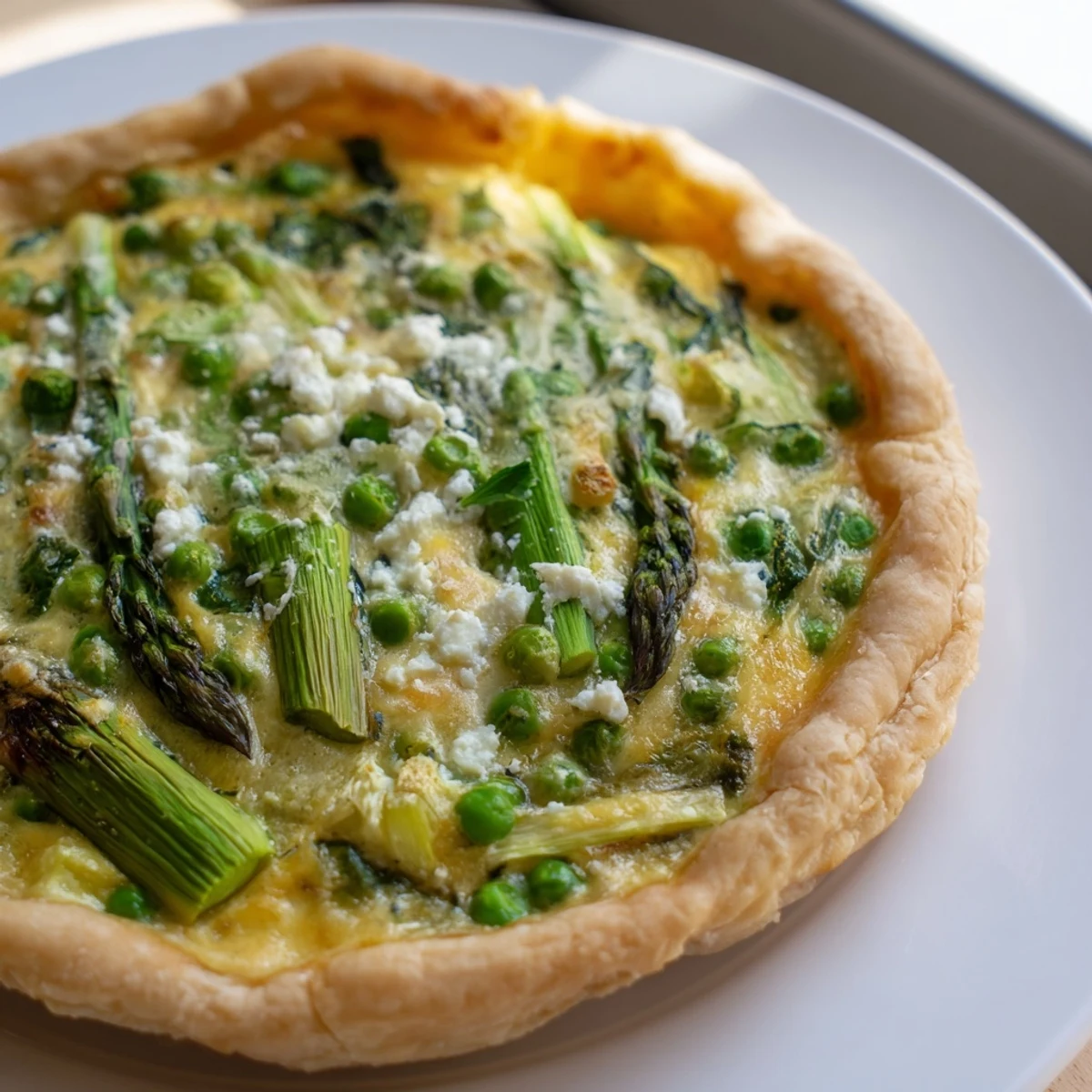 The golden-brown Spring Vegetable Quiche with Flaky Crust is served warm on a white plate, garnished with fresh herbs for a perfect brunch centerpiece.