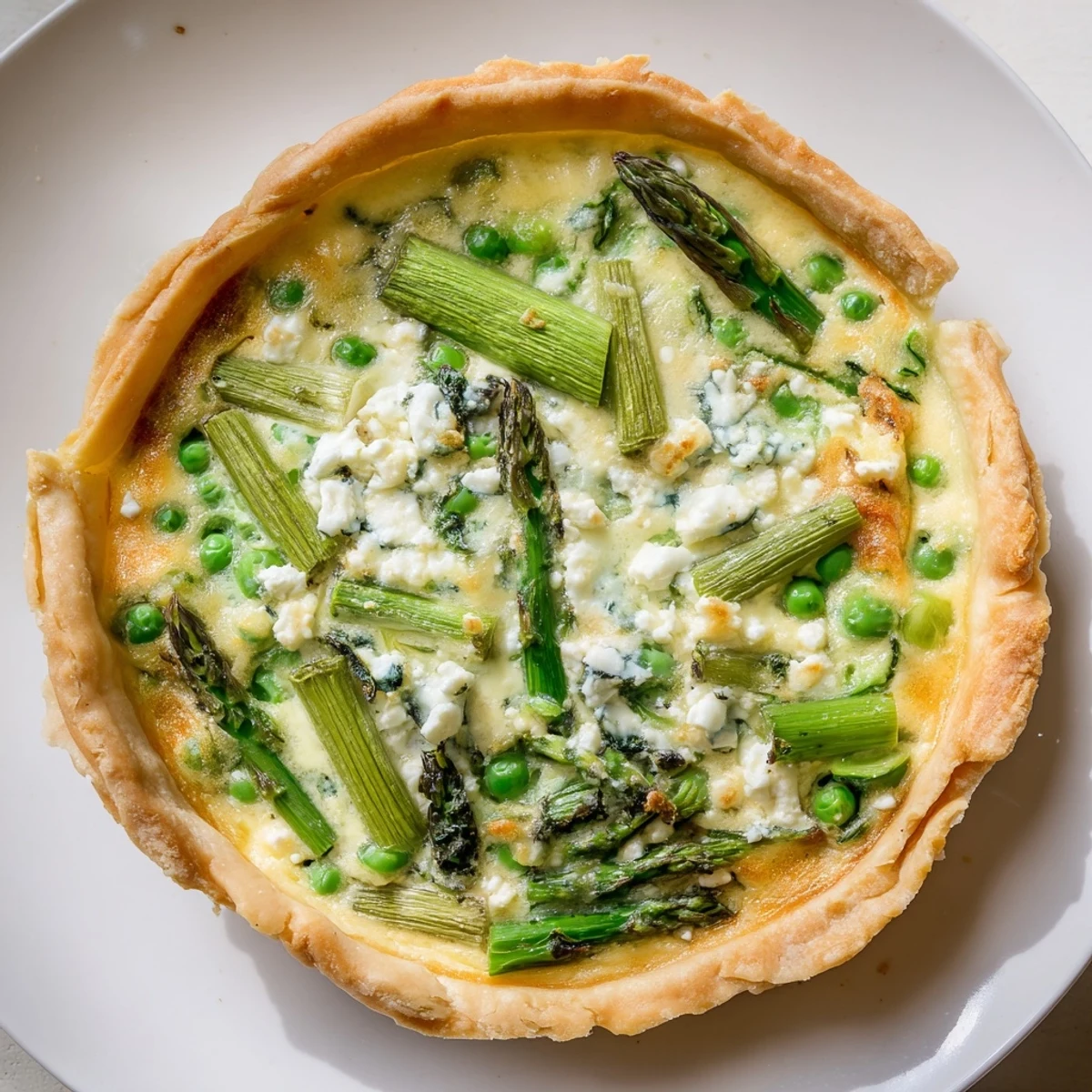 Overhead view of Spring Vegetable Quiche with Flaky Crust on a linen napkin, surrounded by colorful spring vegetables and a glass of white wine.