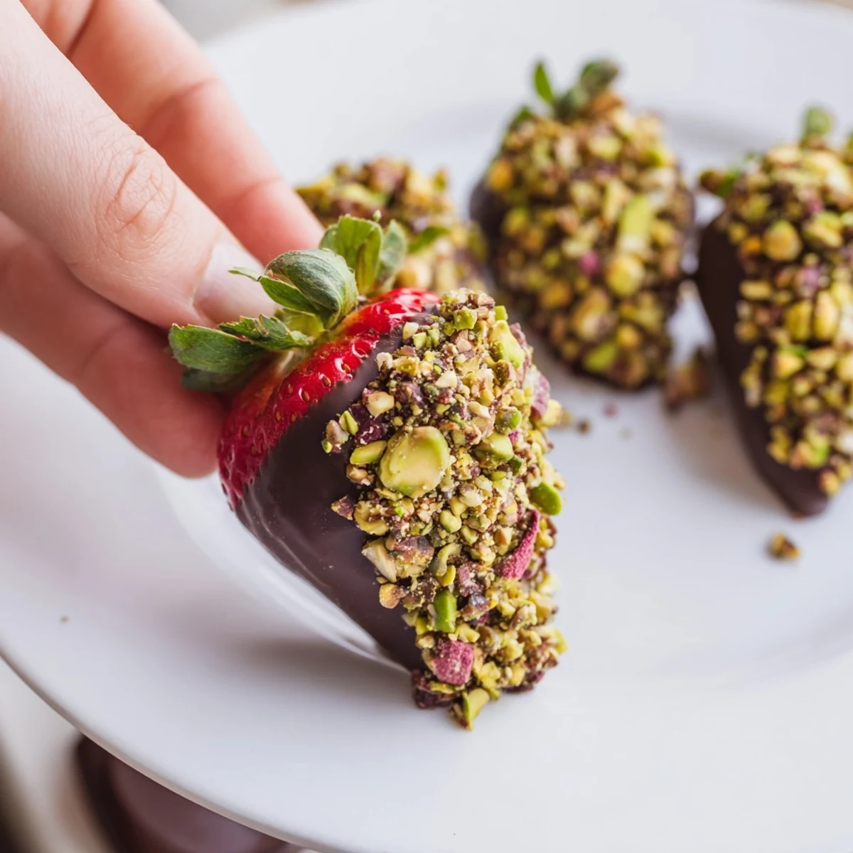 Fresh strawberries dipped in rich melted chocolate and rolled in crunchy chopped nuts, served on a white plate.