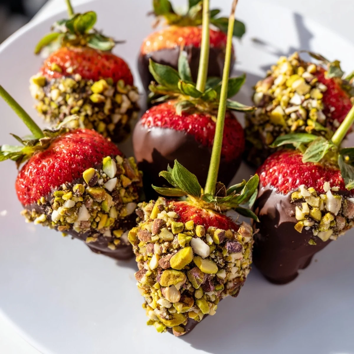 Platter of chocolate dipped strawberries topped with finely chopped nuts, glistening under soft light in a cozy kitchen.